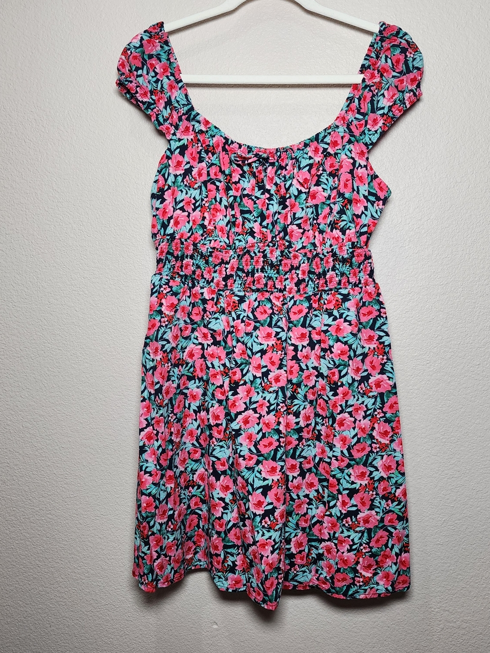 Floral Smocked Casual Dress Cap Sleeves Cottagecore in Pink and Teal